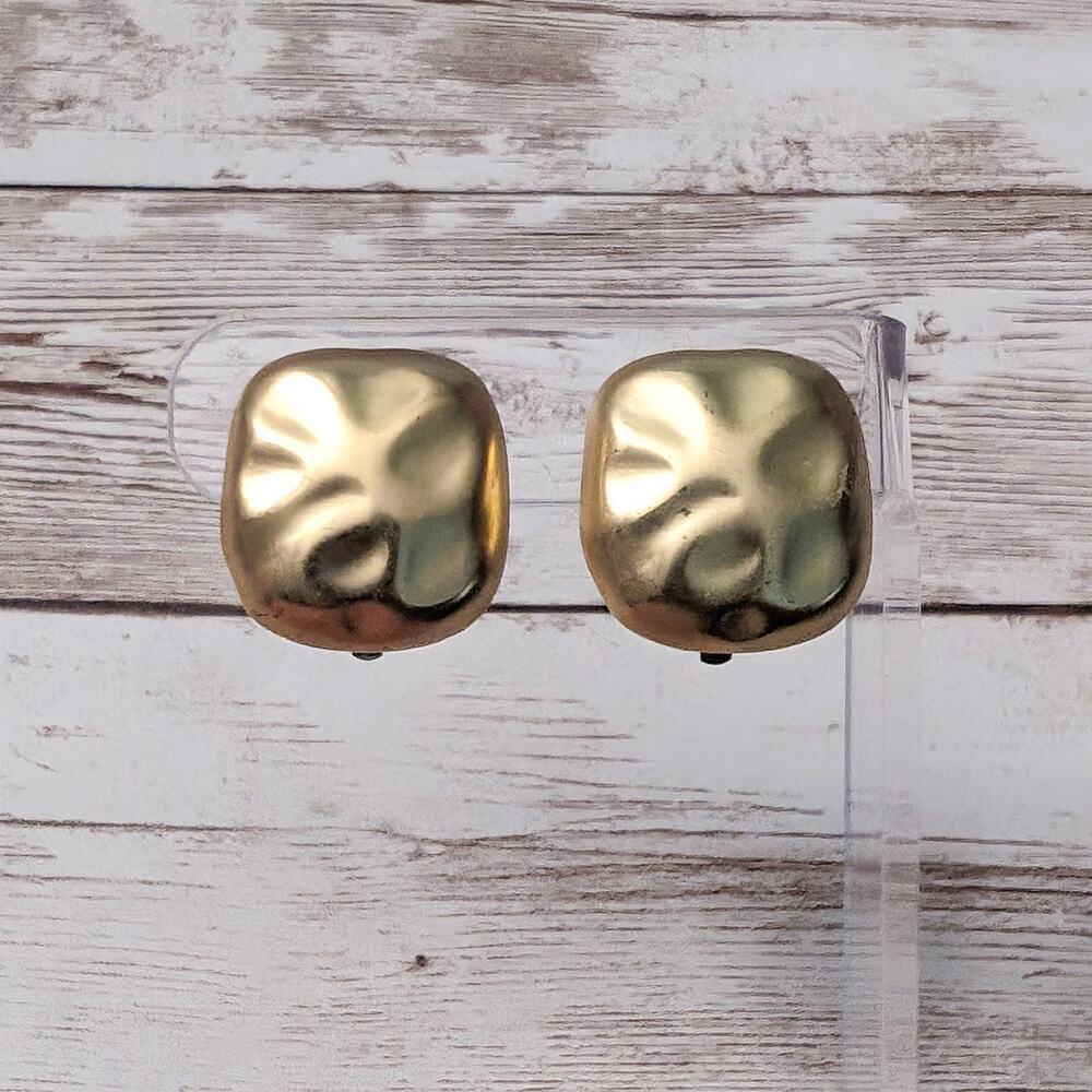 Vintage Clip On Earrings Rounded Square Irregular Gold Tone - Fair Condition